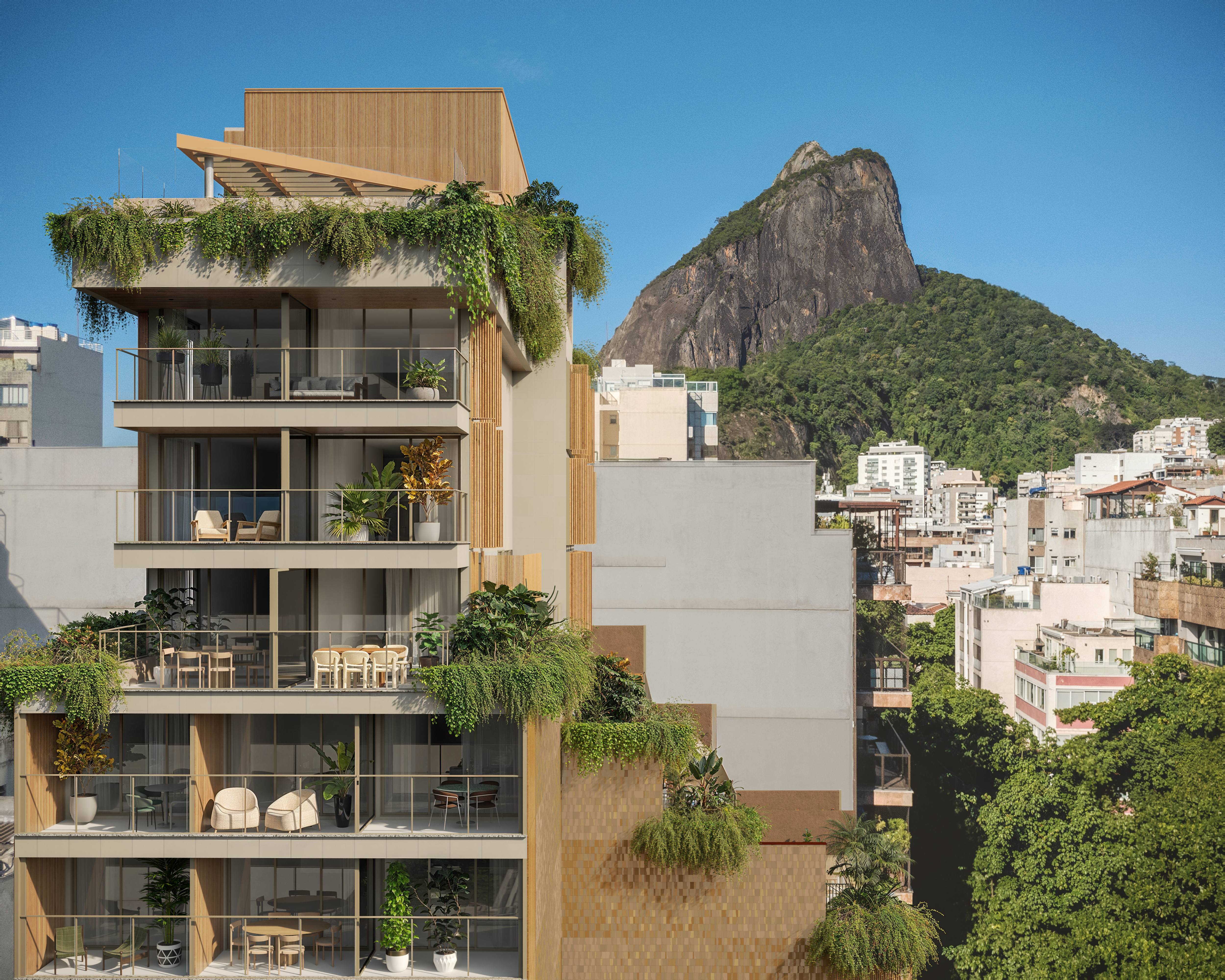 Fachada do Arti Leblon com vista para a montanha